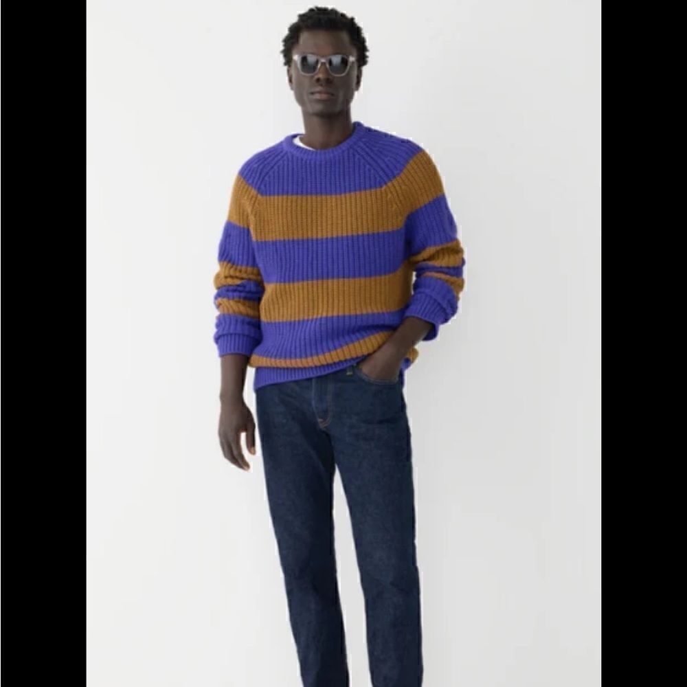 J Crew Shaker stitch chunky fisherman sweater purple gold stripe medium m